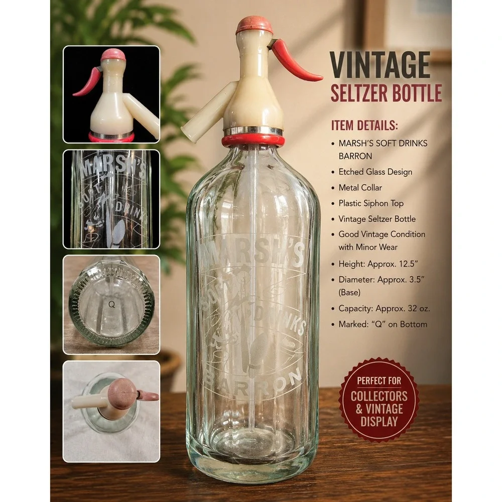 Vintage‎ Marsh's Soft Drinks Barrow Etched Glass Seltzer Bottle Soda Siphon